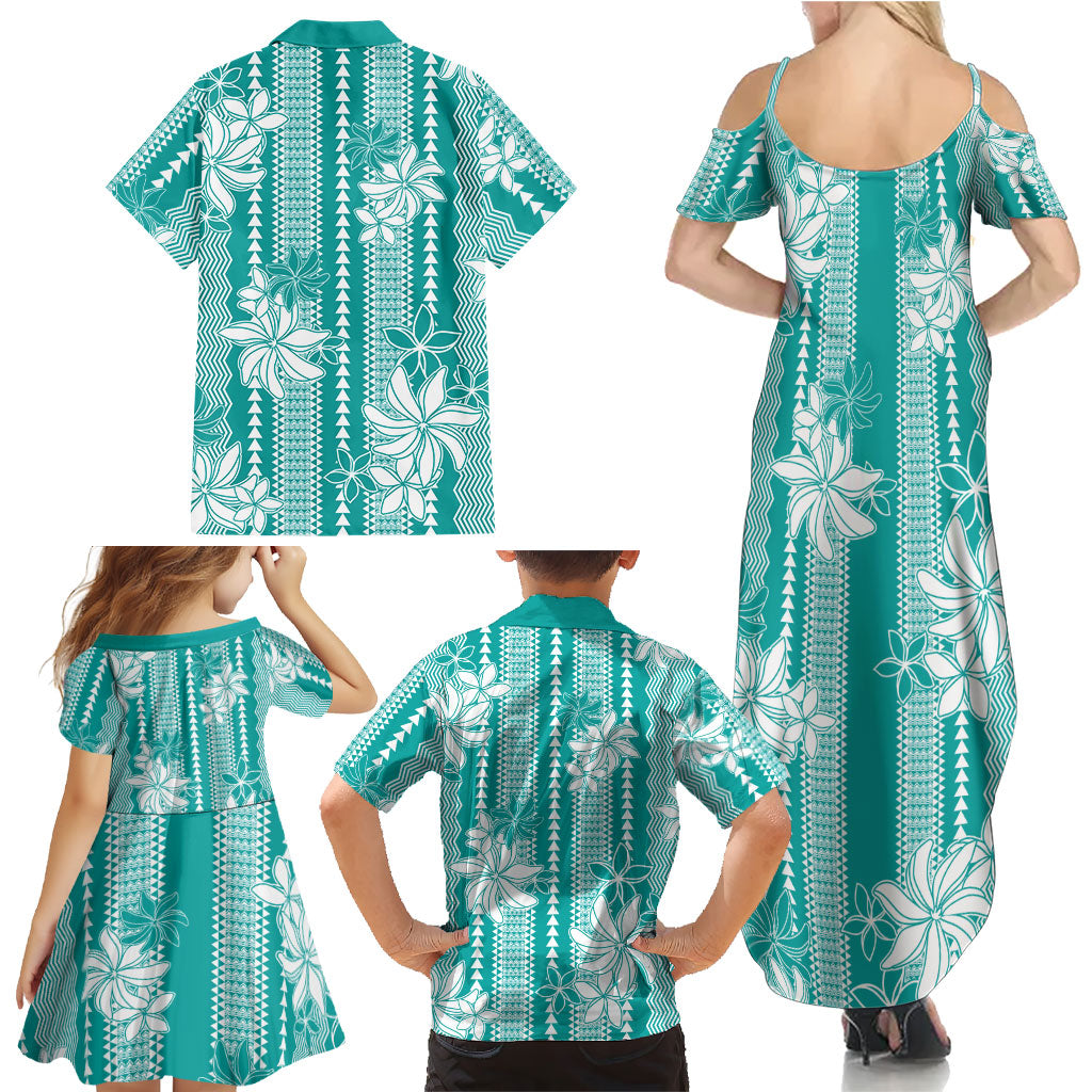 Hawaii Kakau Tribal Family Matching Summer Maxi Dress and Hawaiian Shirt With Teal Tiare LT05 - Polynesian Pride