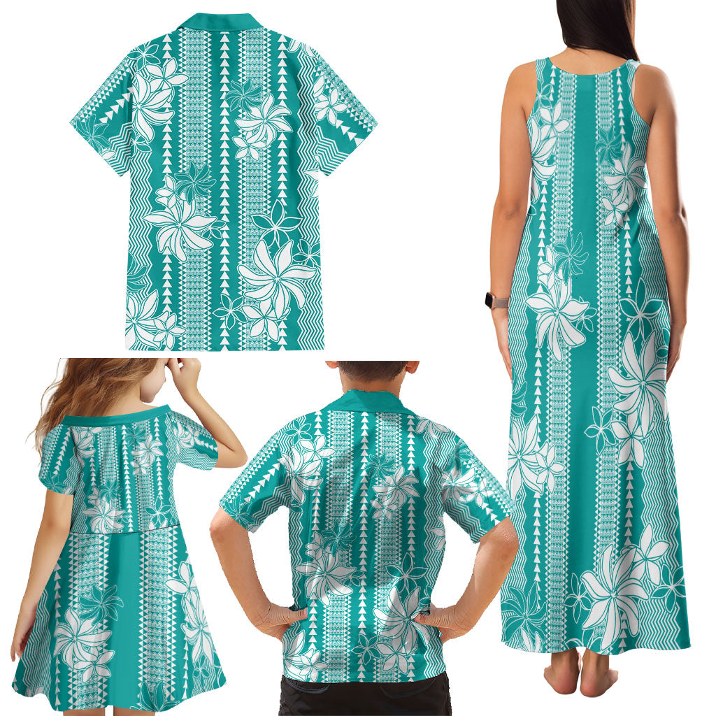 Hawaii Kakau Tribal Family Matching Tank Maxi Dress and Hawaiian Shirt With Teal Tiare LT05 - Polynesian Pride