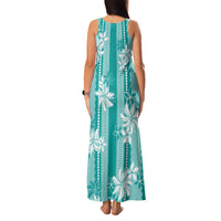 Hawaii Kakau Tribal Family Matching Tank Maxi Dress and Hawaiian Shirt With Teal Tiare LT05 - Polynesian Pride