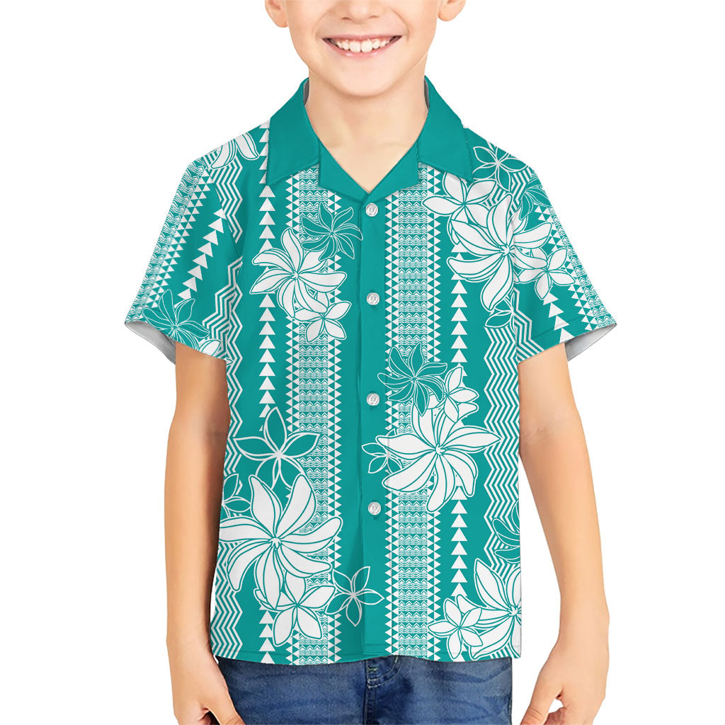 Hawaii Kakau Tribal Family Matching Tank Maxi Dress and Hawaiian Shirt With Teal Tiare LT05 Son's Shirt Teal - Polynesian Pride