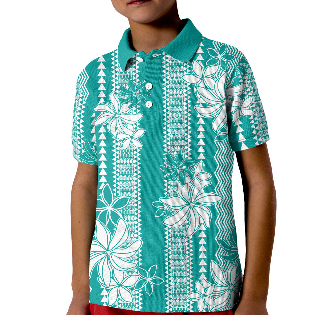 Hawaii Kakau Tribal Kid Polo Shirt With Teal Tiare