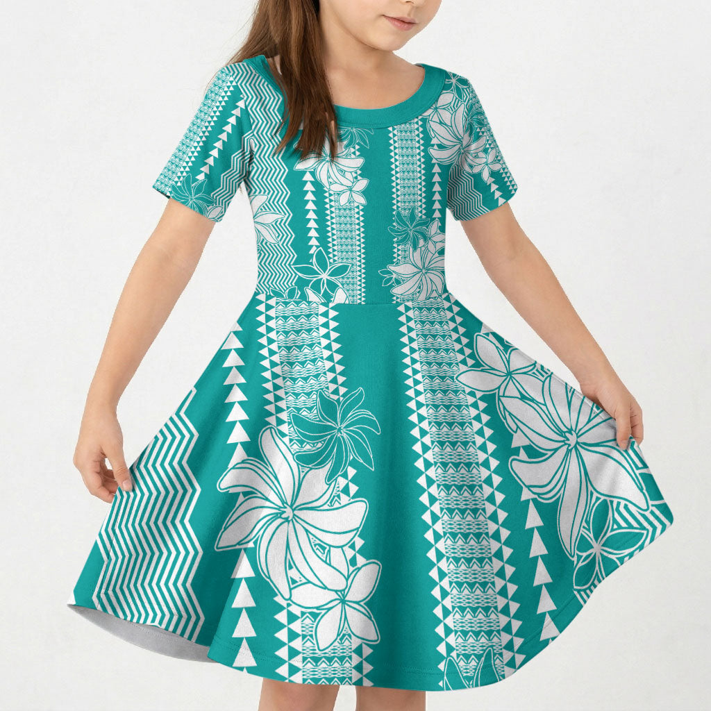 Hawaii Kakau Tribal Kid Short Sleeve Dress With Teal Tiare LT05 KID Teal - Polynesian Pride