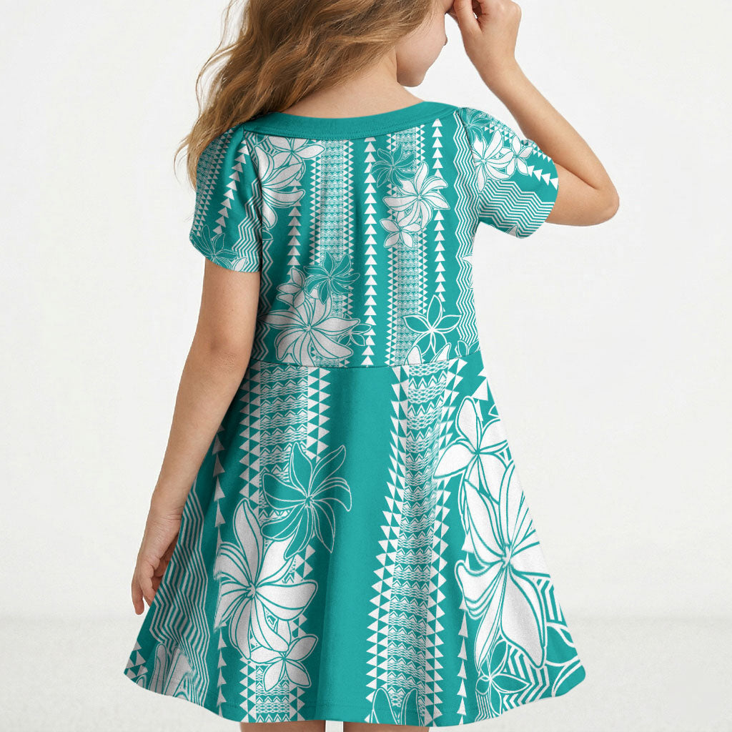 Hawaii Kakau Tribal Kid Short Sleeve Dress With Teal Tiare LT05 - Polynesian Pride
