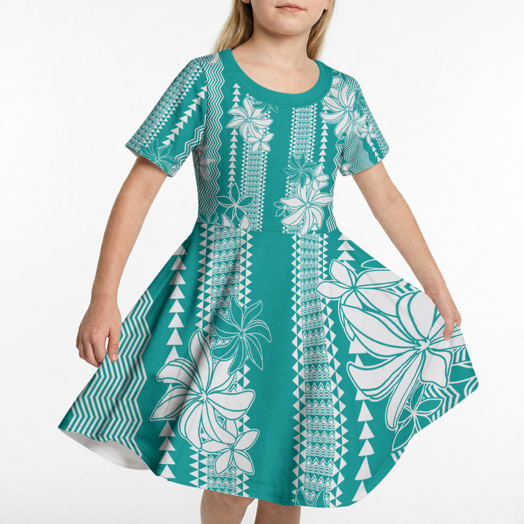 Hawaii Kakau Tribal Kid Short Sleeve Dress With Teal Tiare LT05 - Polynesian Pride