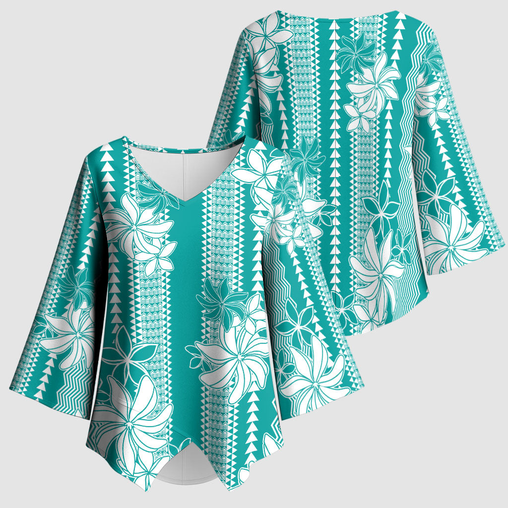 Hawaii Kakau Tribal Kimono Sleeve Blouse With Teal Tiare