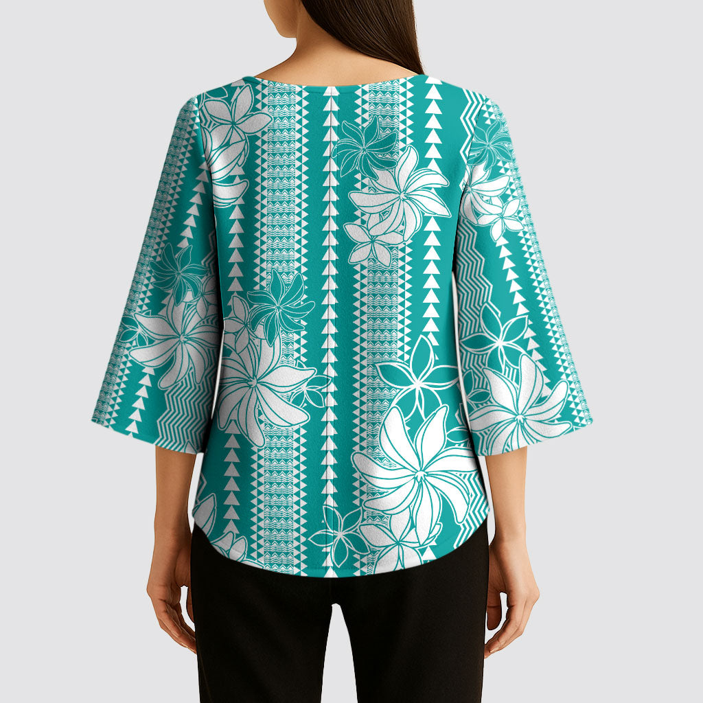 Hawaii Kakau Tribal Kimono Sleeve Blouse With Teal Tiare