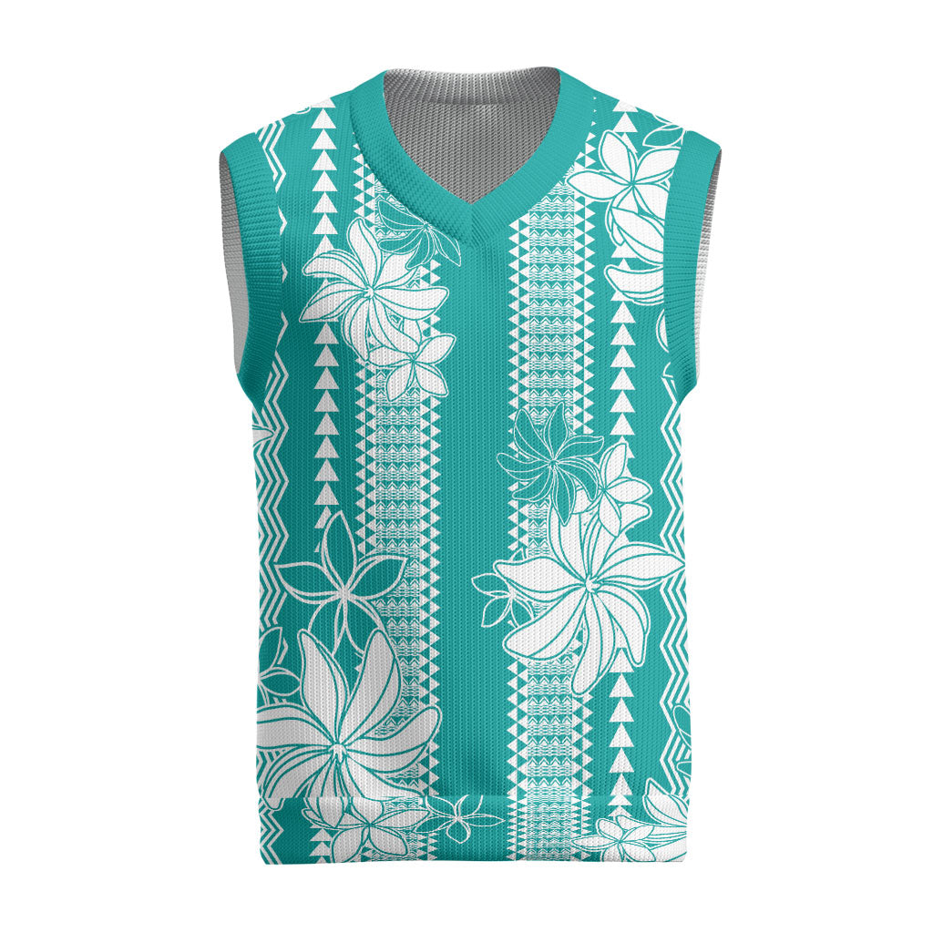 Hawaii Kakau Tribal Christmas Knitted V-Neck Vest With Teal Tiare LT05 Teal - Polynesian Pride