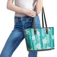 Hawaii Kakau Tribal Leather Tote Bag With Teal Tiare