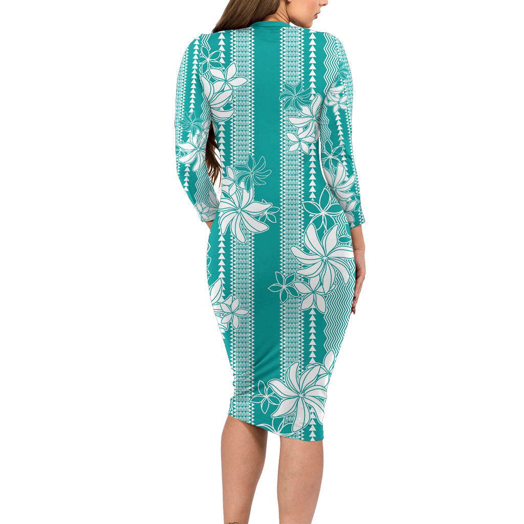 Hawaii Kakau Tribal Long Sleeve Bodycon Dress With Teal Tiare