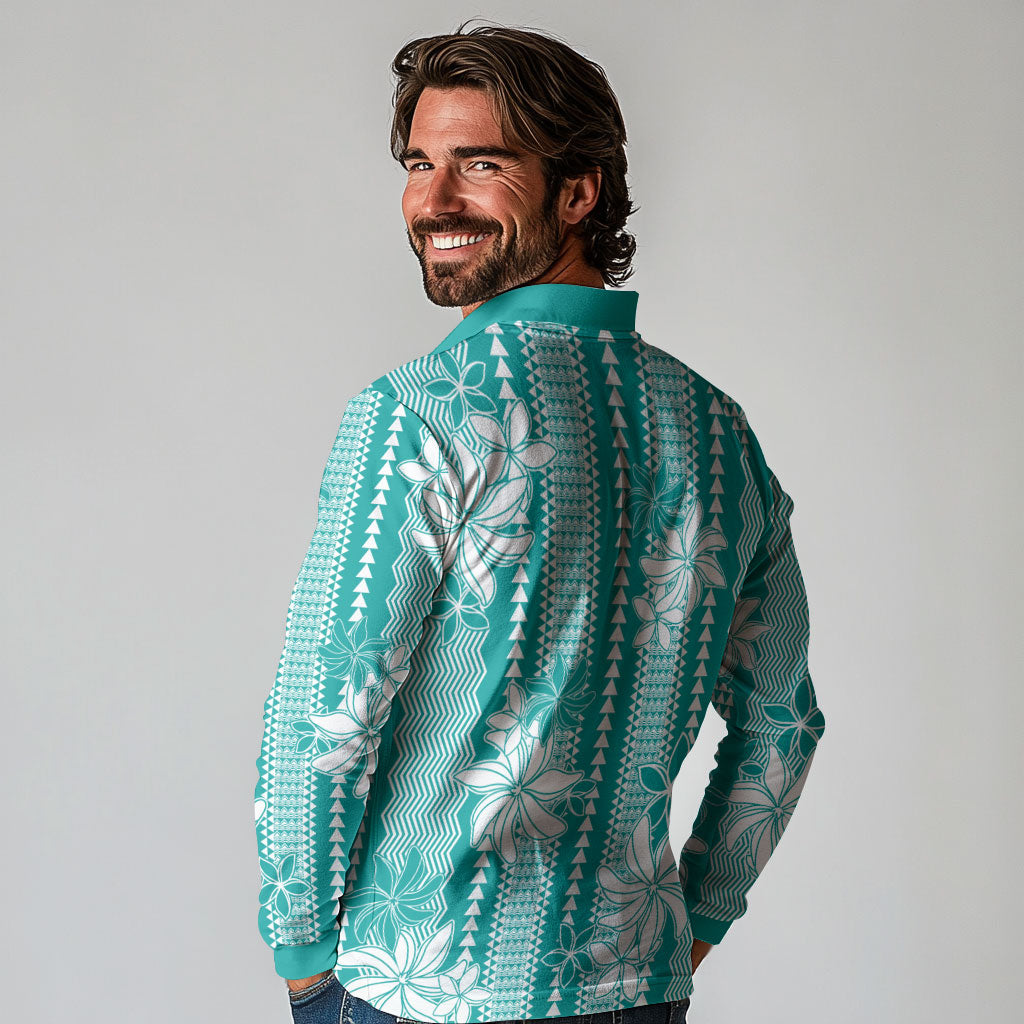 Hawaii Kakau Tribal Long Sleeve Polo Shirt With Teal Tiare