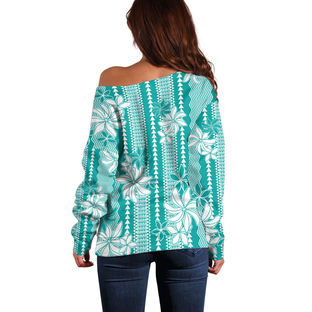 Hawaii Kakau Tribal Off Shoulder Sweater With Teal Tiare