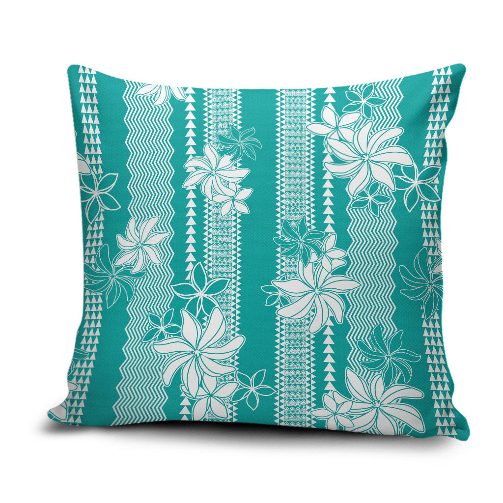 Hawaii Kakau Tribal Pillow Cover With Teal Tiare