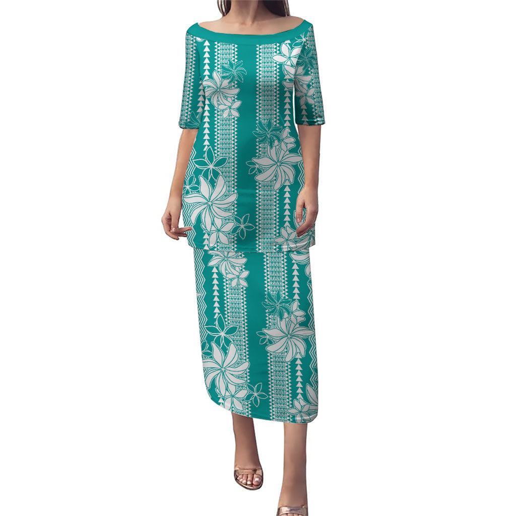 Hawaii Kakau Tribal Puletasi With Teal Tiare