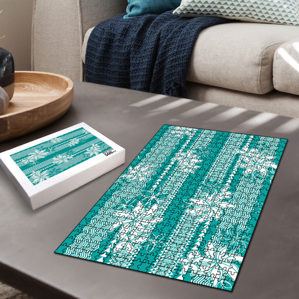 Hawaii Kakau Tribal Puzzle With Teal Tiare