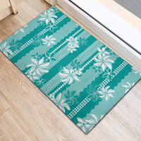 Hawaii Kakau Tribal Rubber Doormat With Teal Tiare