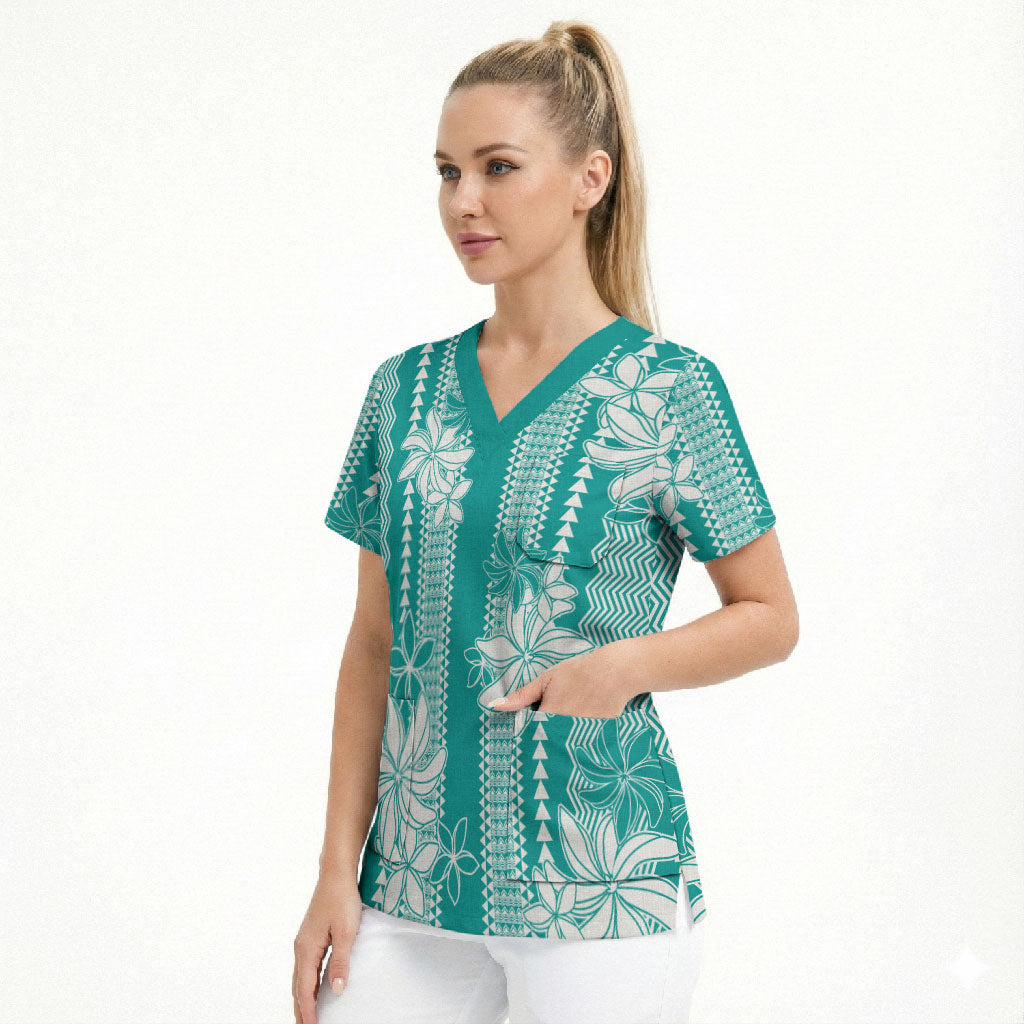 Hawaii Kakau Tribal Scrub Top With Teal Tiare