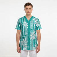 Hawaii Kakau Tribal Scrub Top With Teal Tiare