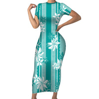 Hawaii Kakau Tribal Short Sleeve Bodycon Dress With Teal Tiare
