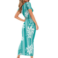 Hawaii Kakau Tribal Short Sleeve Bodycon Dress With Teal Tiare