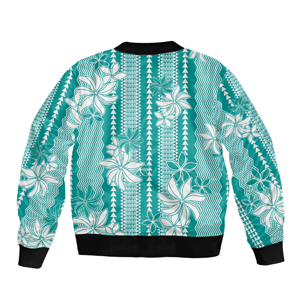 Hawaii Kakau Tribal Sleeve Zip Bomber Jacket With Teal Tiare