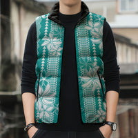 Hawaii Kakau Tribal Sleeveless Puffer Jacket With Teal Tiare