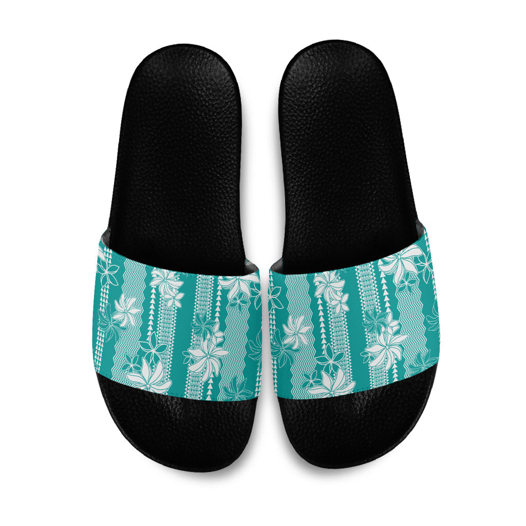 Hawaii Kakau Tribal Slide Sandals With Teal Tiare