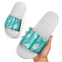 Hawaii Kakau Tribal Slide Sandals With Teal Tiare