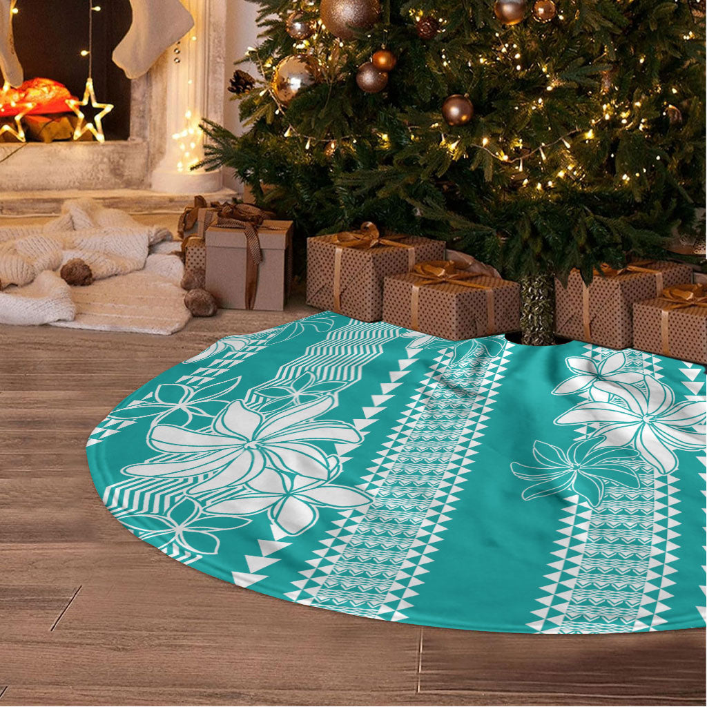 Hawaii Kakau Tribal Tree Skirt With Teal Tiare LT05 - Polynesian Pride