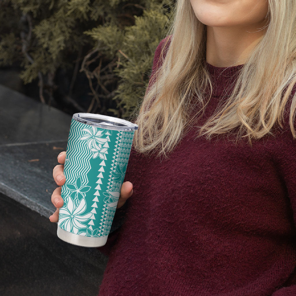 Hawaii Kakau Tribal Tumbler Cup With Teal Tiare