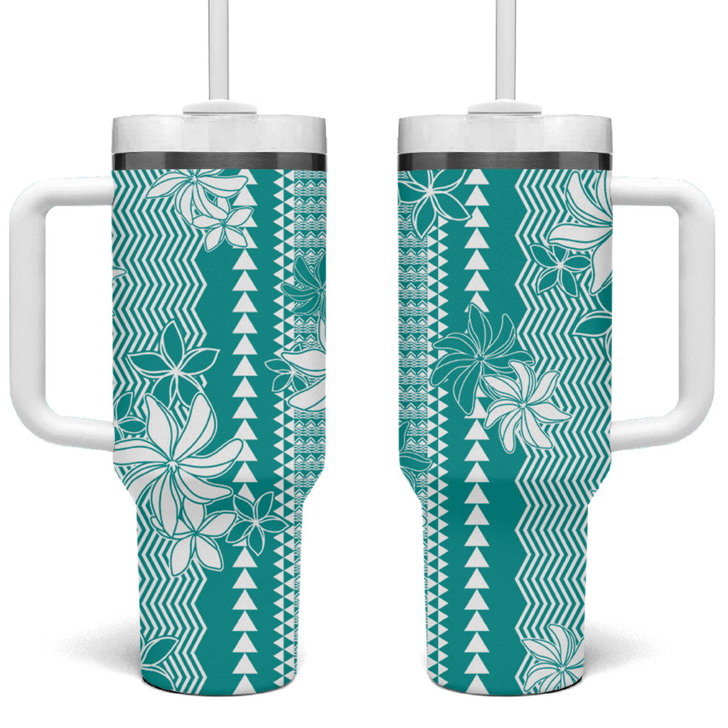 Hawaii Kakau Tribal Tumbler With Handle With Teal Tiare