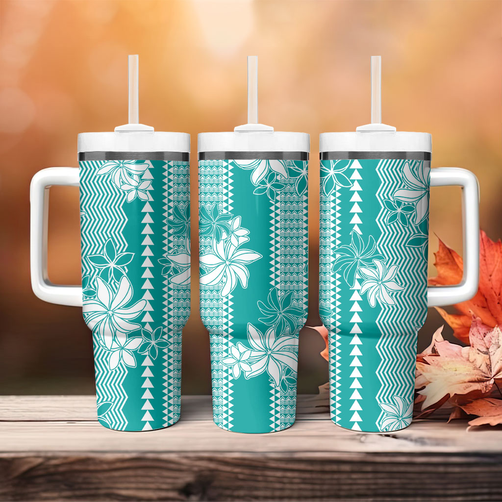 Hawaii Kakau Tribal Tumbler With Handle With Teal Tiare