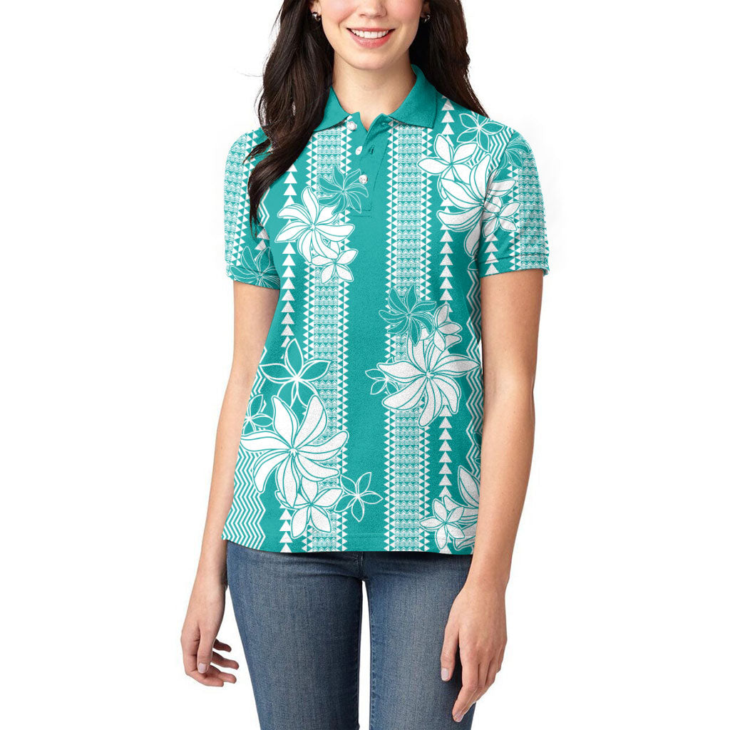 Hawaii Kakau Tribal Women Polo Shirt With Teal Tiare