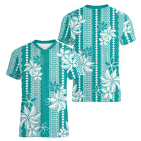 Hawaii Kakau Tribal Women V-Neck T-Shirt With Teal Tiare