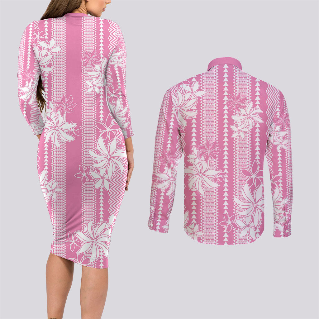 Hawaii Kakau Tribal Couples Matching Long Sleeve Bodycon Dress and Long Sleeve Button Shirt With Pink Tiare