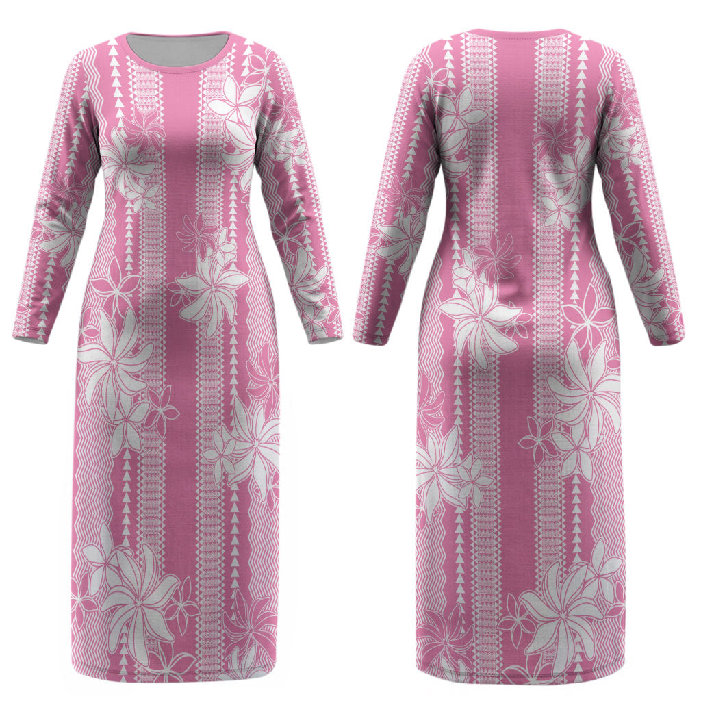 Hawaii Kakau Tribal Couples Matching Long Sleeve Bodycon Dress and Long Sleeve Button Shirt With Pink Tiare LT05 - Polynesian Pride