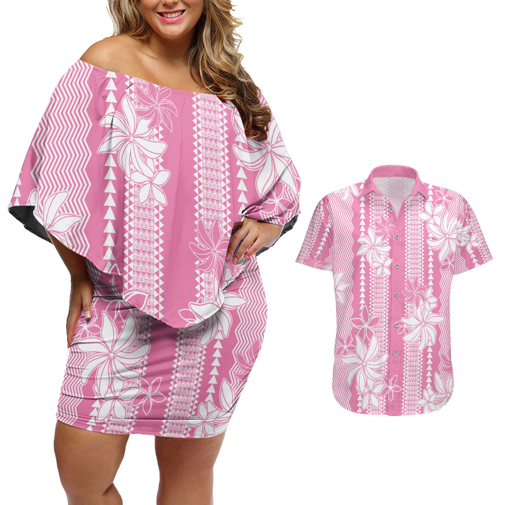 Hawaii Kakau Tribal Couples Matching Off Shoulder Short Dress and Hawaiian Shirt With Pink Tiare