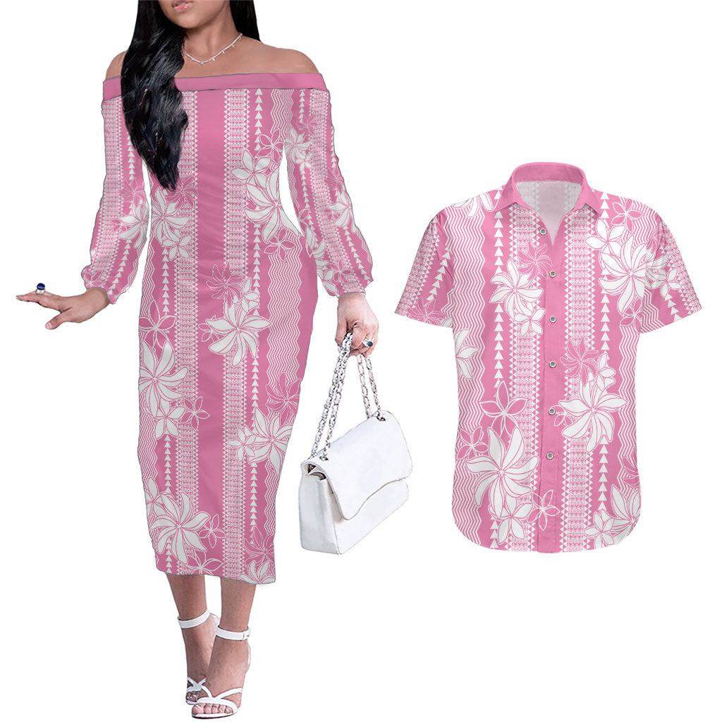 Hawaii Kakau Tribal Couples Matching Off The Shoulder Long Sleeve Dress and Hawaiian Shirt With Pink Tiare LT05 Pink - Polynesian Pride