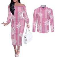 Hawaii Kakau Tribal Couples Matching Off The Shoulder Long Sleeve Dress and Long Sleeve Button Shirt With Pink Tiare