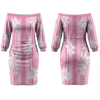 Hawaii Kakau Tribal Couples Matching Off The Shoulder Long Sleeve Dress and Long Sleeve Button Shirt With Pink Tiare LT05 - Polynesian Pride