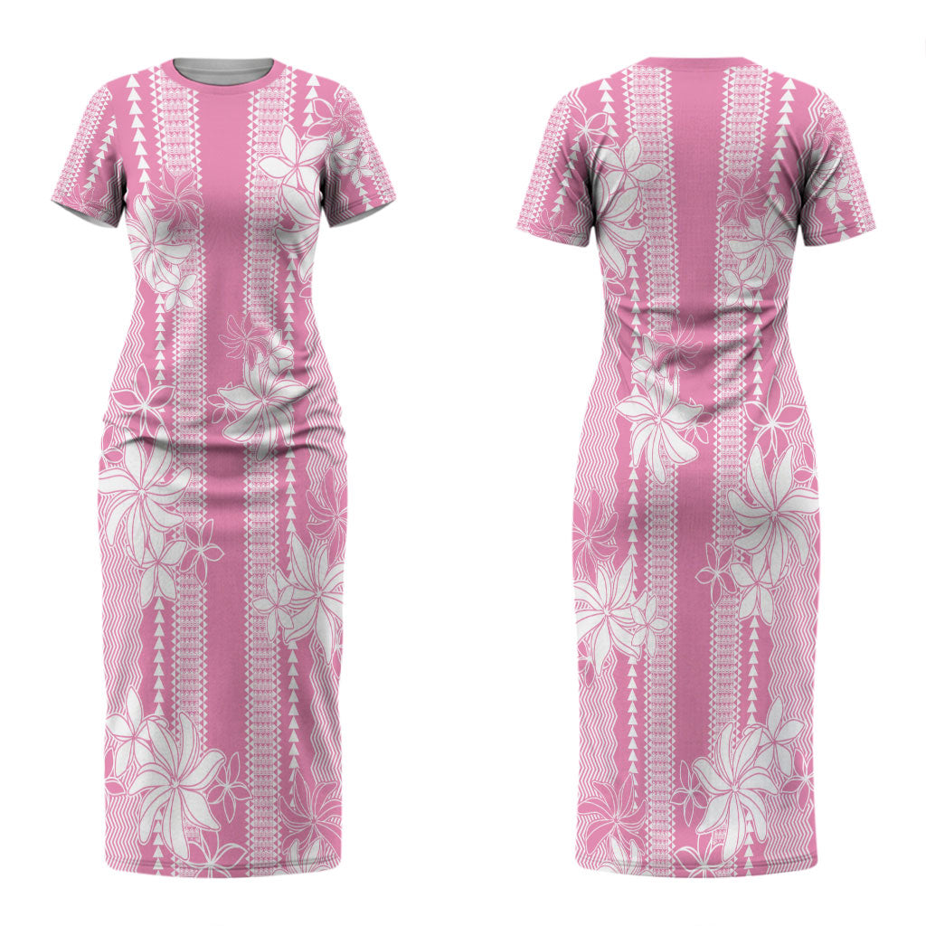 Hawaii Kakau Tribal Couples Matching Short Sleeve Bodycon Dress and Long Sleeve Button Shirt With Pink Tiare LT05 - Polynesian Pride