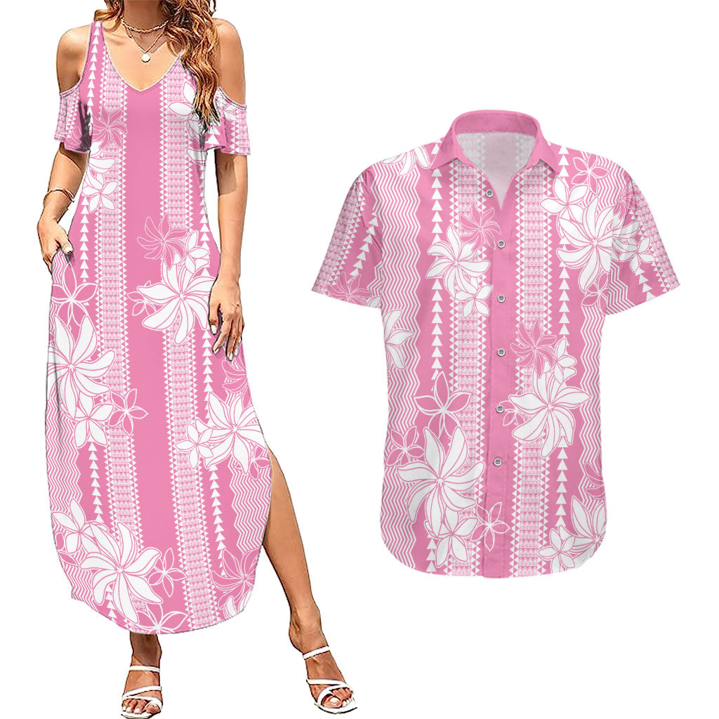 Hawaii Kakau Tribal Couples Matching Summer Maxi Dress and Hawaiian Shirt With Pink Tiare