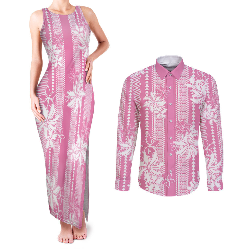 Hawaii Kakau Tribal Couples Matching Tank Maxi Dress and Long Sleeve Button Shirt With Pink Tiare