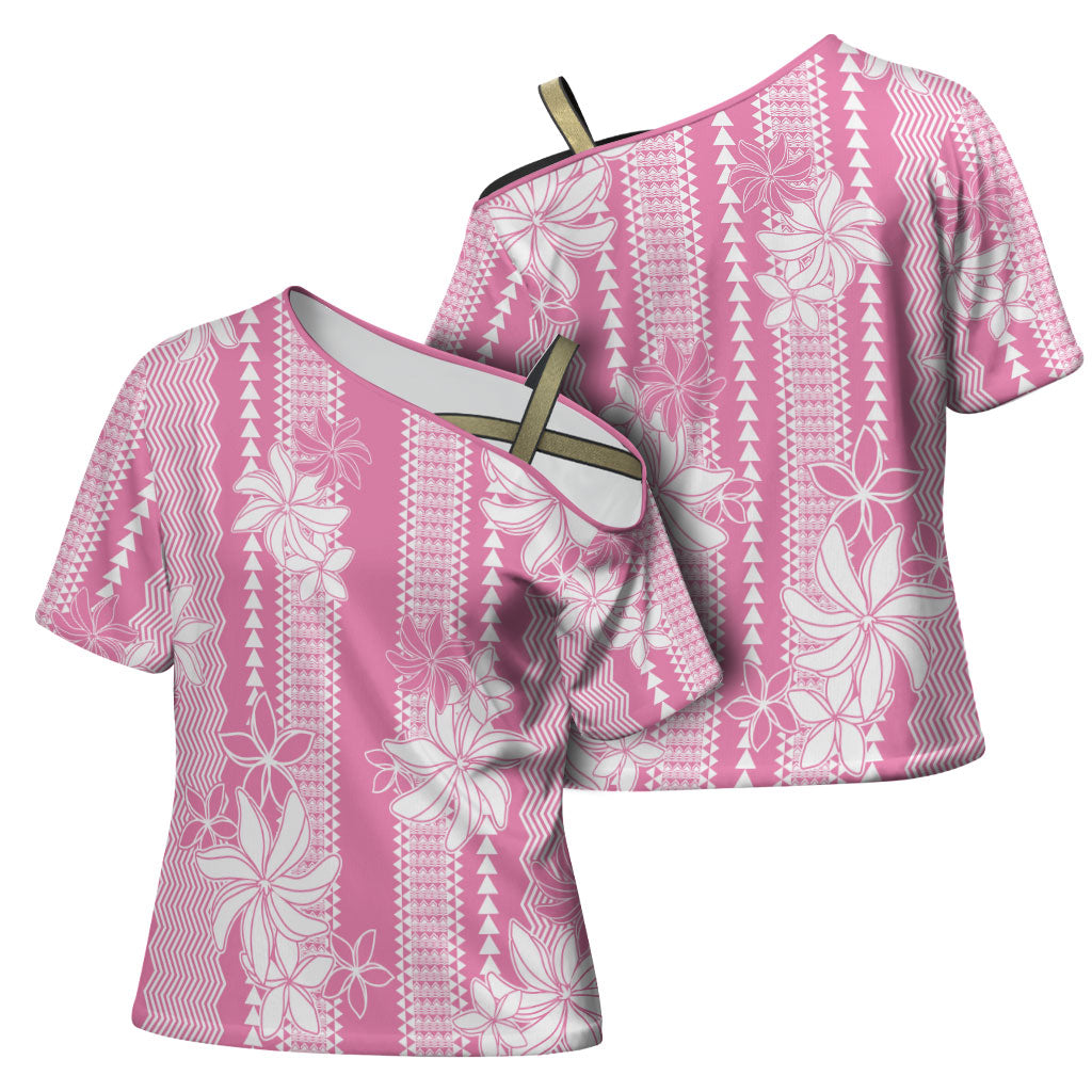 Hawaii Kakau Tribal Cross Shoulder Shirt With Pink Tiare