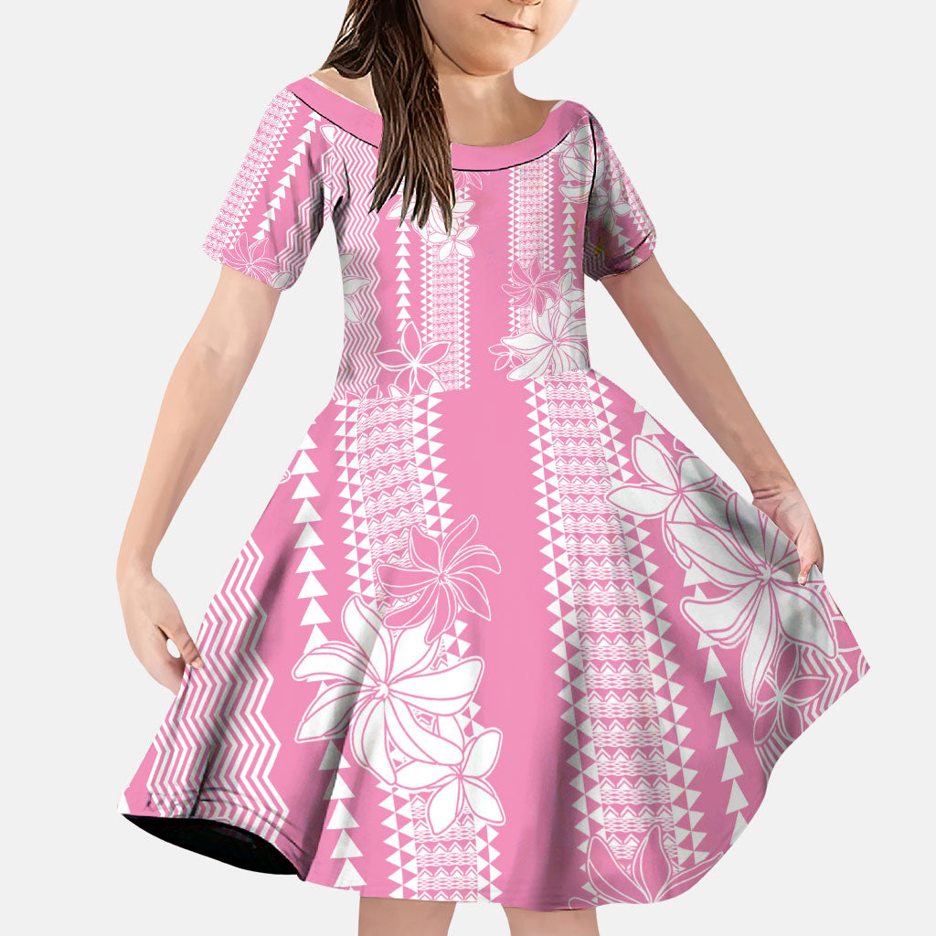 Hawaii Kakau Tribal Family Matching Off Shoulder Maxi Dress and Hawaiian Shirt With Pink Tiare LT05 Daughter's Dress Pink - Polynesian Pride