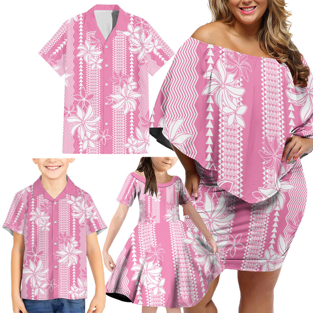 Hawaii Kakau Tribal Family Matching Off Shoulder Short Dress and Hawaiian Shirt With Pink Tiare