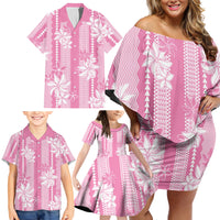 Hawaii Kakau Tribal Family Matching Off Shoulder Short Dress and Hawaiian Shirt With Pink Tiare LT05 - Polynesian Pride