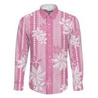 Hawaii Kakau Tribal Family Matching Short Sleeve Bodycon Dress and Hawaiian Shirt With Pink Tiare LT05 Dad's Shirt - Long Sleeve Pink - Polynesian Pride
