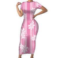 Hawaii Kakau Tribal Family Matching Short Sleeve Bodycon Dress and Hawaiian Shirt With Pink Tiare LT05 Mom's Dress Pink - Polynesian Pride