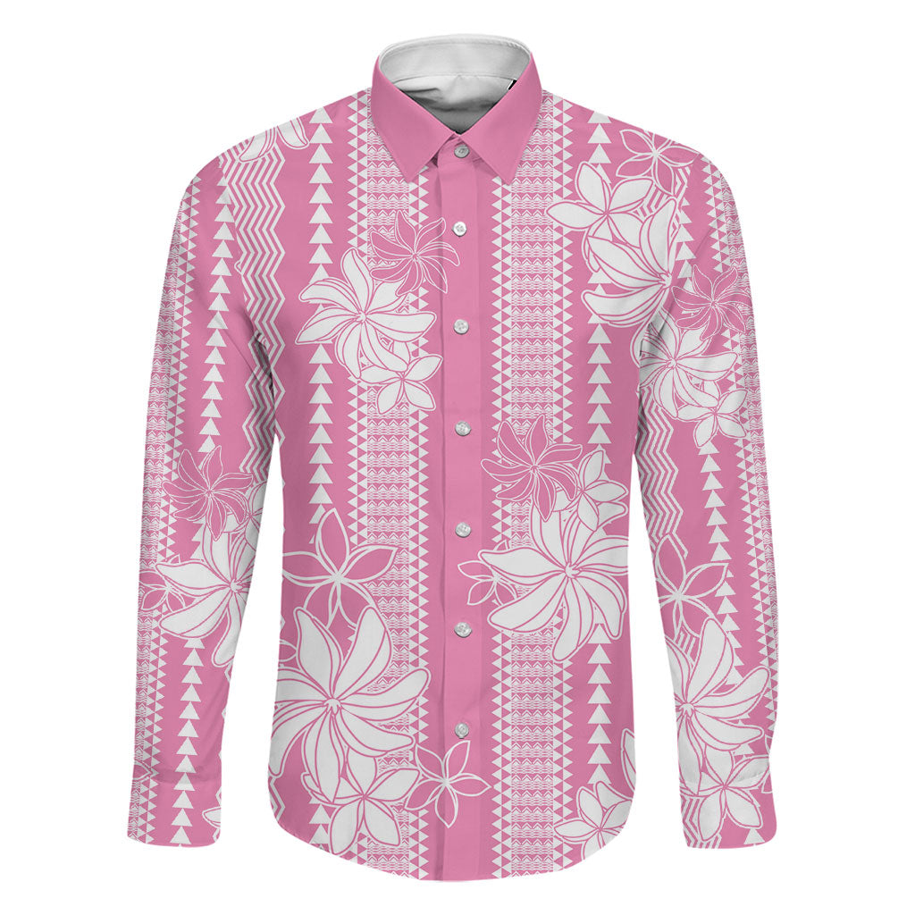 Hawaii Kakau Tribal Family Matching Summer Maxi Dress and Hawaiian Shirt With Pink Tiare LT05 Dad's Shirt - Long Sleeve Pink - Polynesian Pride