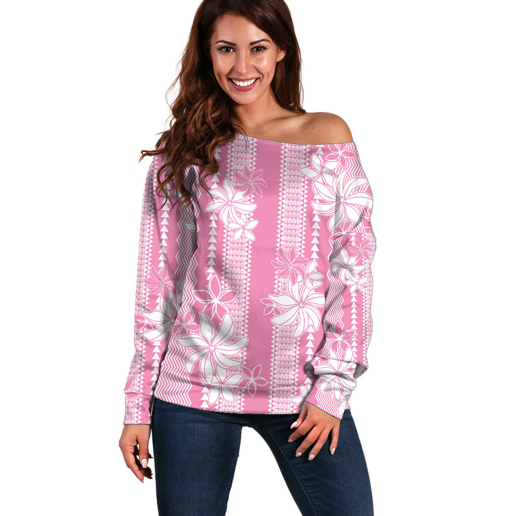 Hawaii Kakau Tribal Off Shoulder Sweater With Pink Tiare